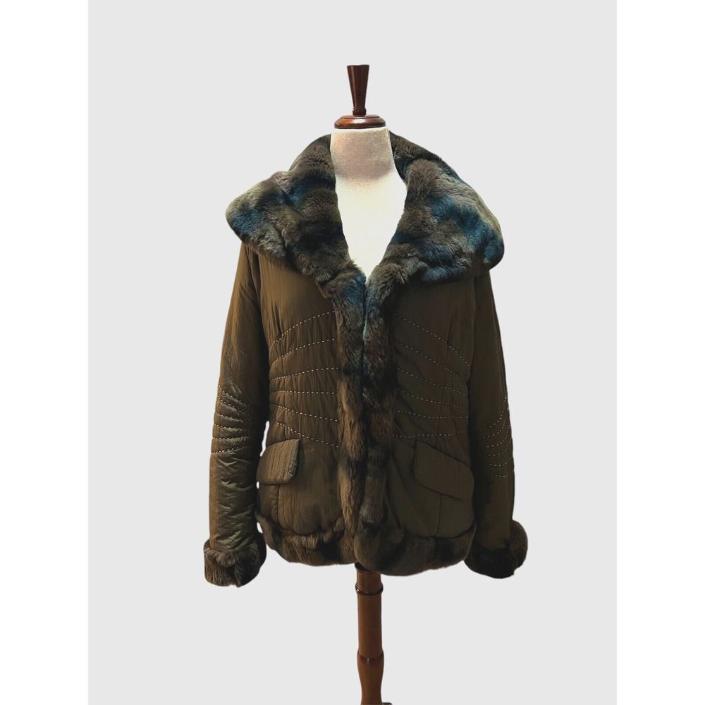 Invidia New York Olive Green Nylon Coat with Rex Rabbit Fur Collar/Cuffs Size 10